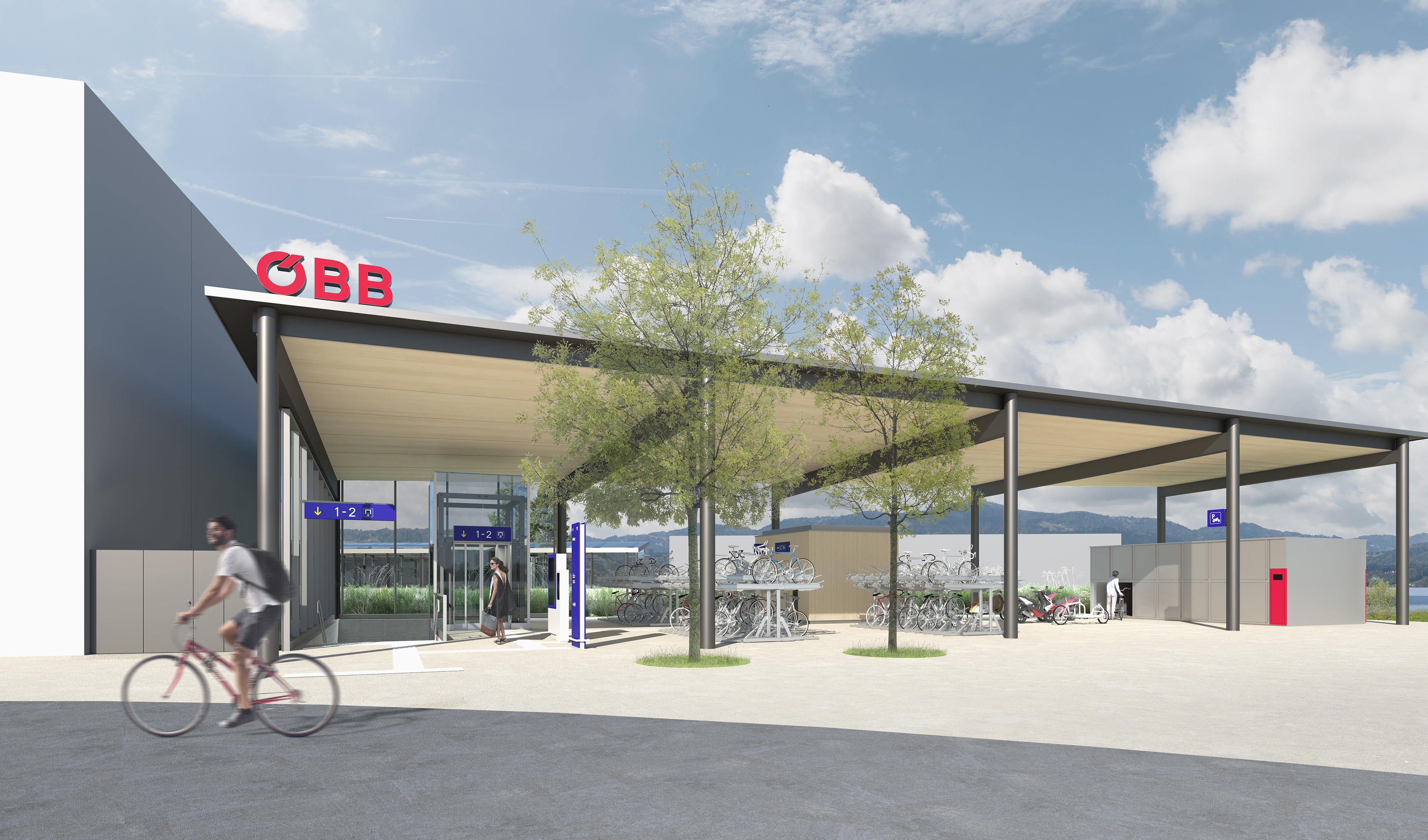 ÖBB Bahnhof mit Fahrradabstellplatz und Personen am Weg